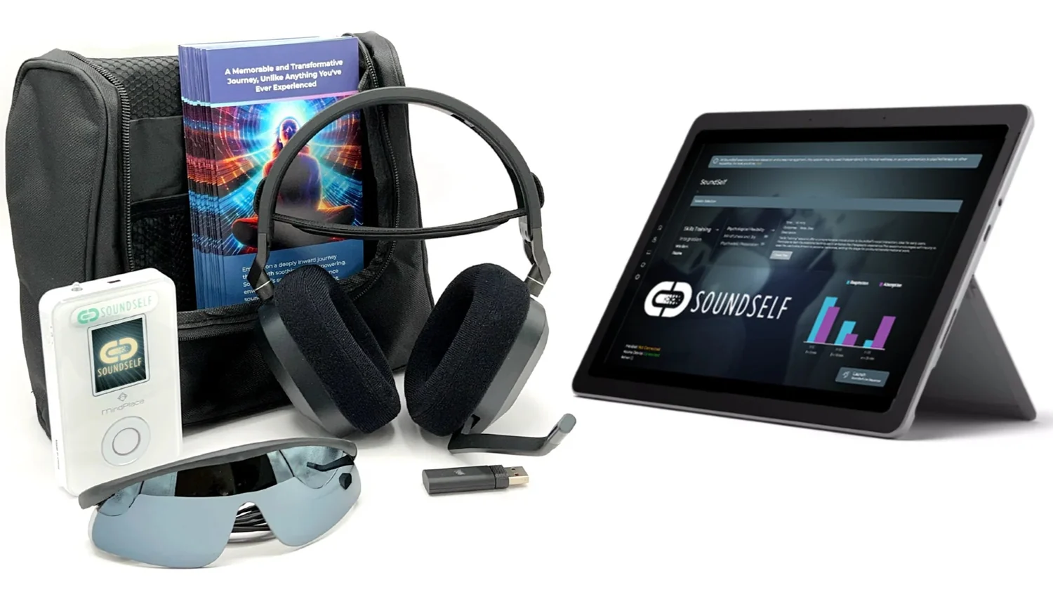 SoundSelf kit — LED glasses, headphones, tablet interface